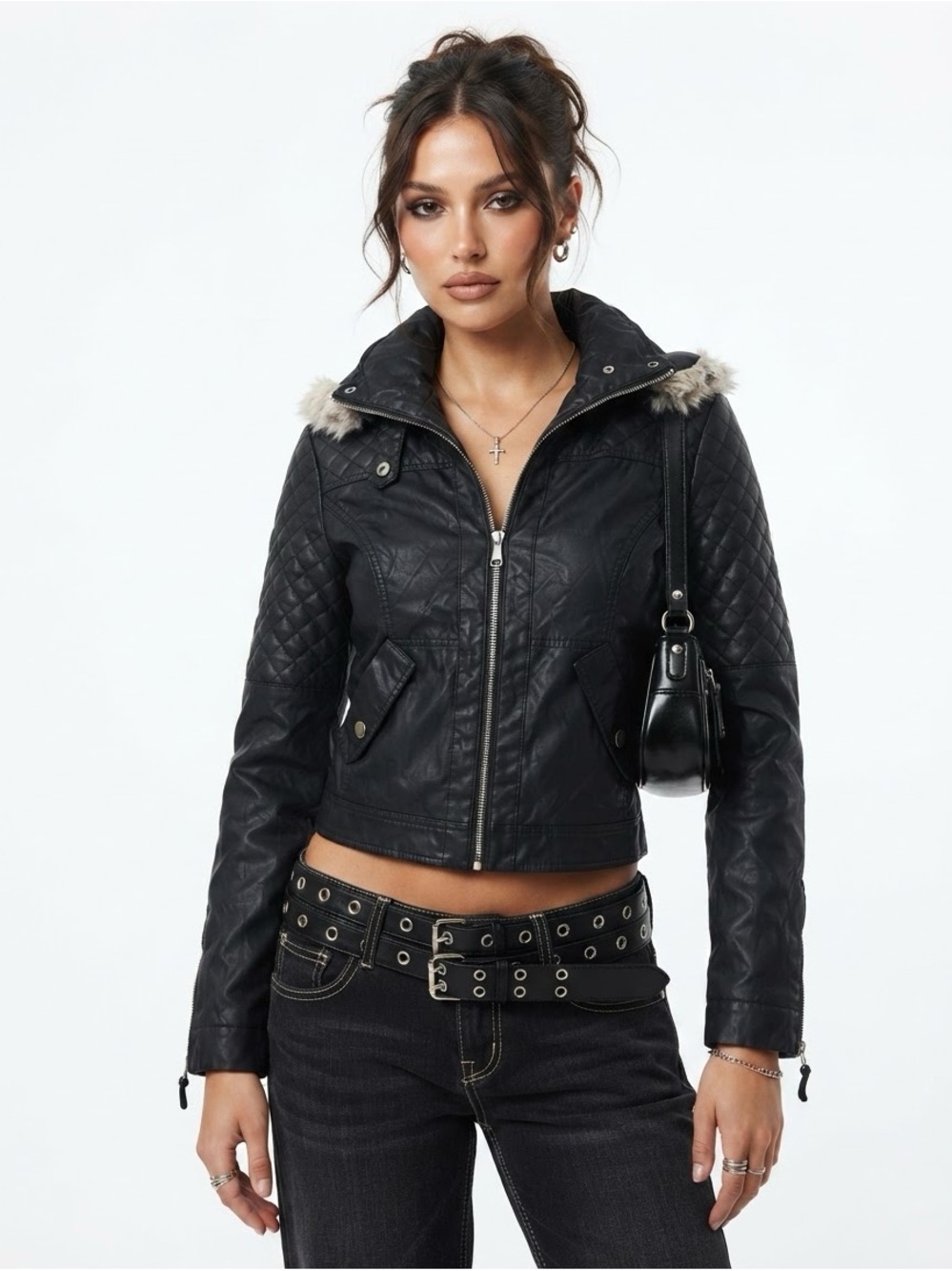 Zara Trafaluc Black Faux Leather Shearling Moto Jacket Size L